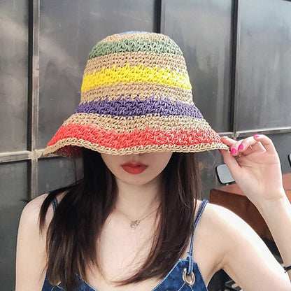 Rainbow Straw Hat Woman Summer Sun Visor Handmade Crochet Big Brim Bucket Hat Ladies Beach Sun Cap Boho Lady Girls Fashion Caps