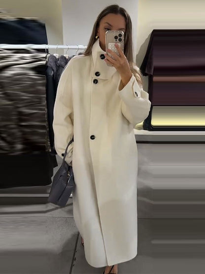 Elegant Women's Overcoat Stand Collar Single Breasted Full Sleeve Solid Female Long Coats 2025 Autumn Fashion Chic Lady Outwear