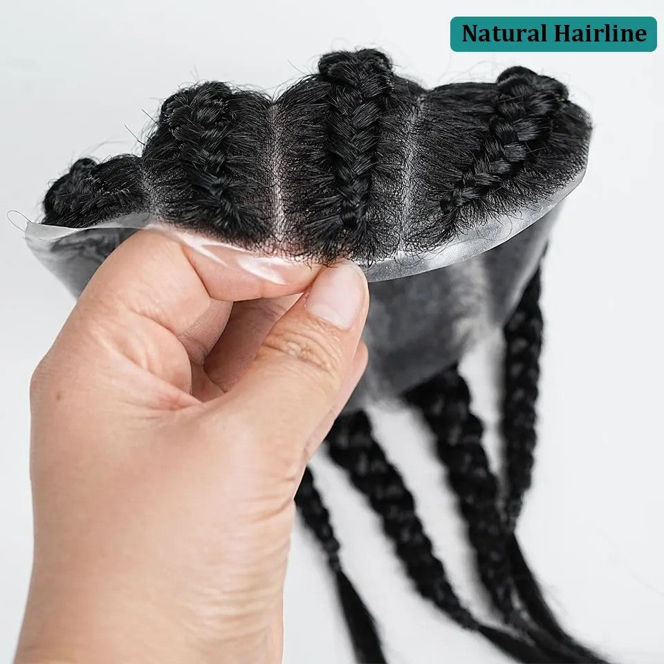 Peruca Masculina Cornrow Box Braids de Cabelo Humano, Touca Masculina de Cabelo Humano com Pele PU, Sistemas de Substituição de Cabelo para Homens, Prótese Capilar
