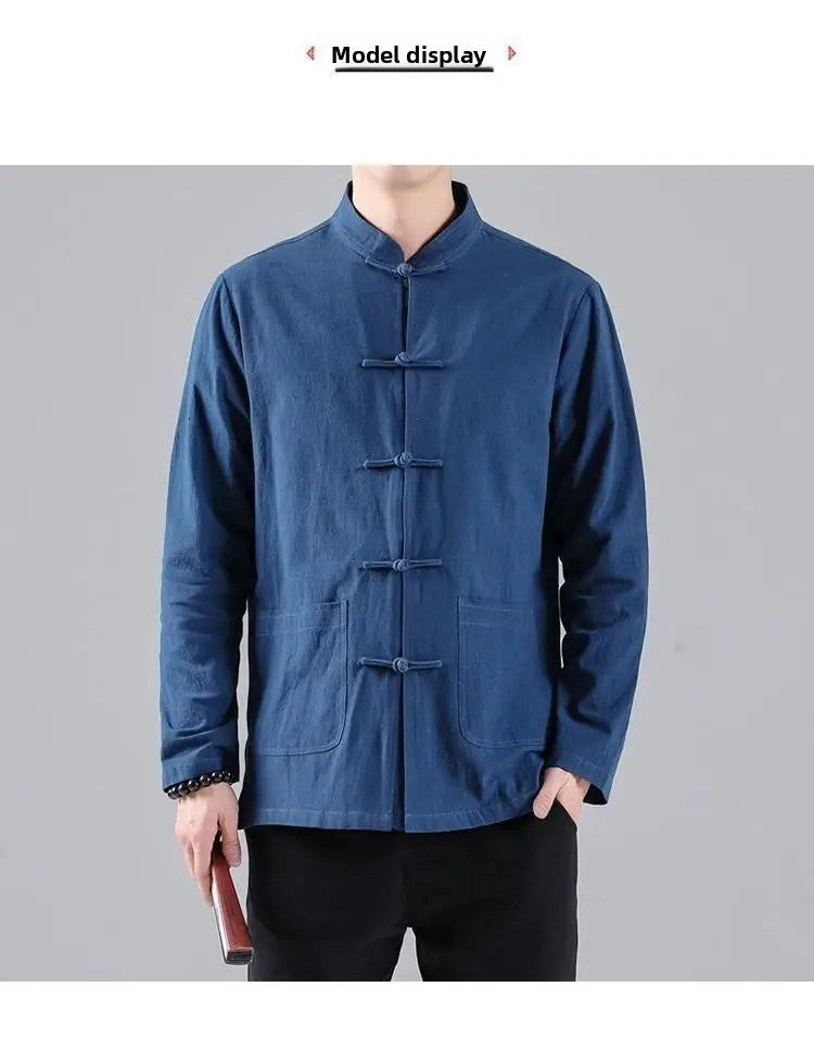 Chinese Style Linen Shirt with Button Design Cotton Linen Spring Autumn New Style Men's Retro Shirt Casual Summer Top