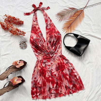 French high-end printed dress, a popular summer item for women in 2025. New short skirt, slimming and vacation dress trend