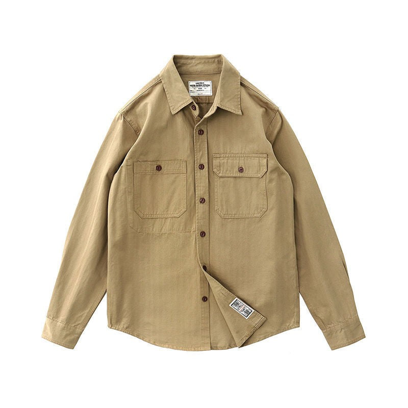 Gmiixder Men Cargo Long Sleeve Shirt Spring Autumn Hip Hop Jacket American Casual Retro Green Tough Man Workwear Shirt