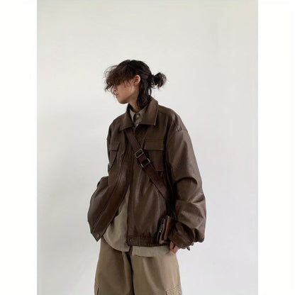 Motorcycle Leather Jacket Men Bomber Pilot Retro Loose Pu Short Coat Japanese Casual Streetwear Multi Pocket Trend Outwear New