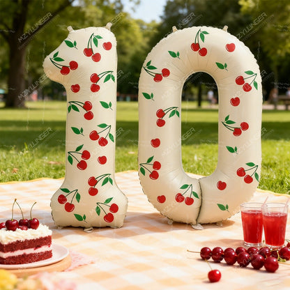 Cream White Number 0-9 Foil Balloons with Cherry Stickers Perfect for Cherry Theme Birthday Party Engagement Wedding Room Decor