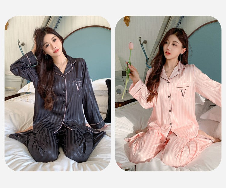 Women's Ice Silk Pajama Set Long Sleeve Long Pants Lightweight Sleepwear for Spring And Autumn Comfortable Homewear Pj Set