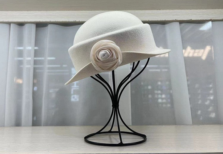 French light luxury Australian wool felt hat Hepburn style camellia flower small brim basin hat women elegant banquet top hat