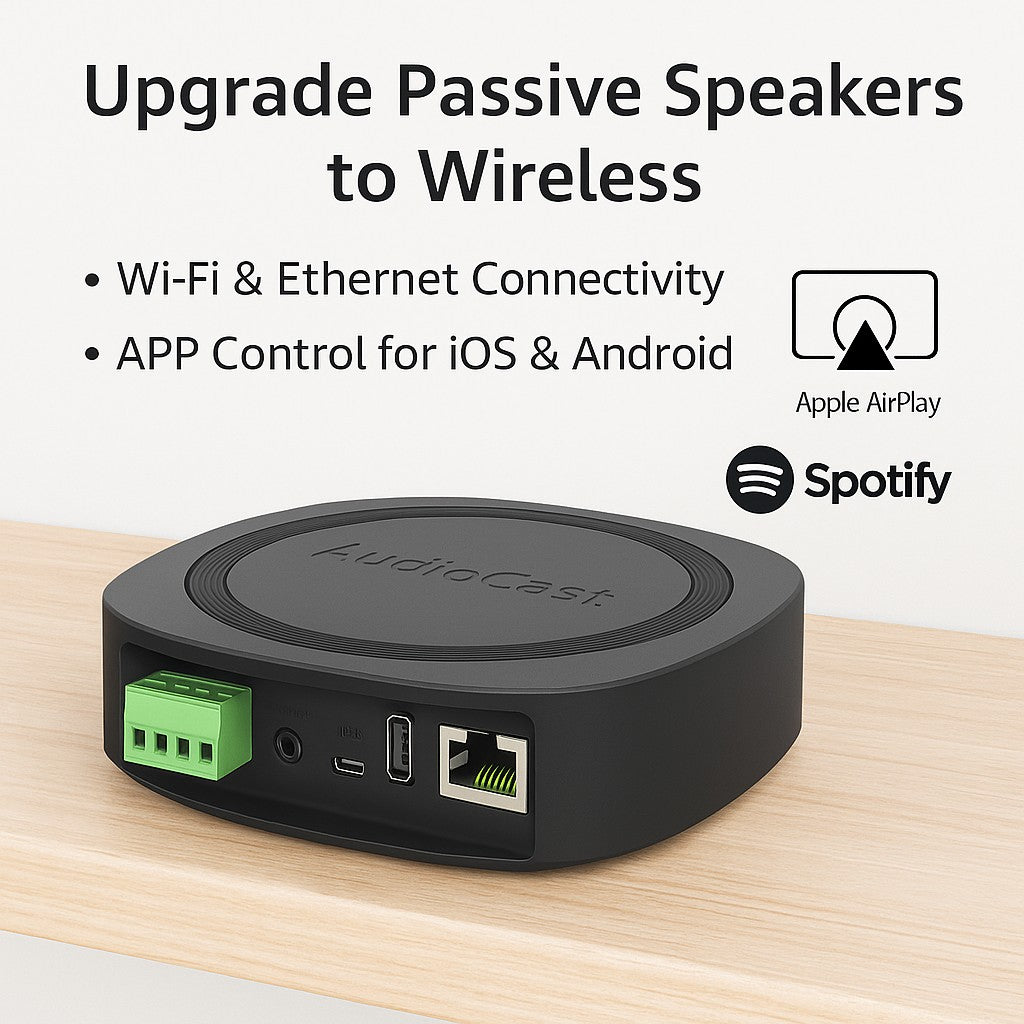 Audiocast Amp50 receptor de áudio sem fio WiFi e Bluetooth 5 amplificador lossless multi ambiente airplay, DLNA, UPnP tidal