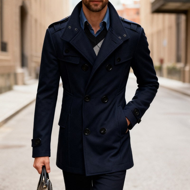 Men's Double-breasted Woolen Overcoat Fashion Solid Color Mid-length Jacket Luxury Light Business Stand Collar Trench Coat M-3XL