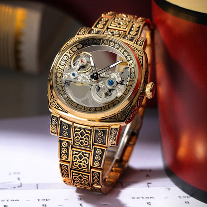 FORSINING High-end Luxury Gold Skeleton Mechanical Man Watch Automatic Movement Clock Stainless Steel Male Bronze Wrist Watches