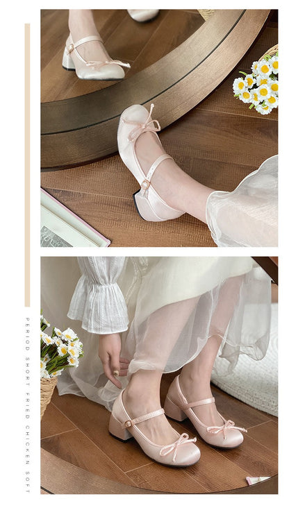 Spring Autumn Thick Heel Pink Shoes Elegant Bow Lolita College Girls High Heels  Women Sandals zapatos de mujer mary jane shoes