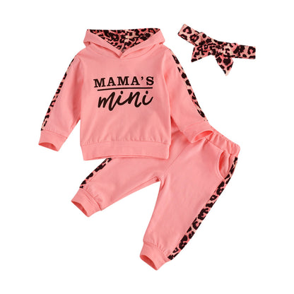 Infant Baby Girl Long-sleeved Trousers Suit Letter Hooded T-shirt Leopard Stitching Long Pants Headband 3Pcs Clothes Spring Fall