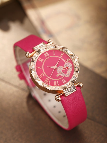 5PCS Wo5PCS Women's Love Set Diamond Dial Fashion men's Love Set Diamond Dial Fashion Versatile Alloy Case Pointer Leather Watch