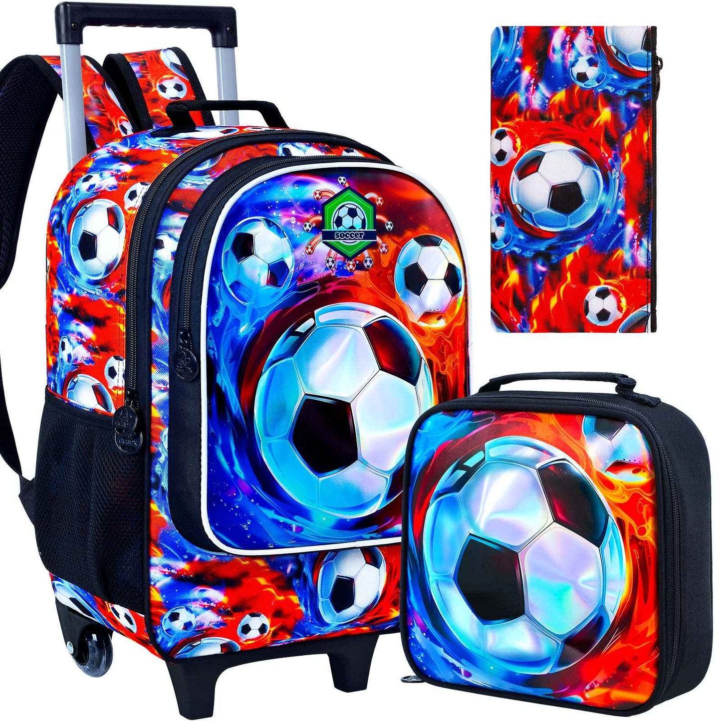 Mochila de rodinhas 3 peças para meninos, mochila com rodinhas para crianças, mochila escolar com rodinhas e lancheira - futebol
