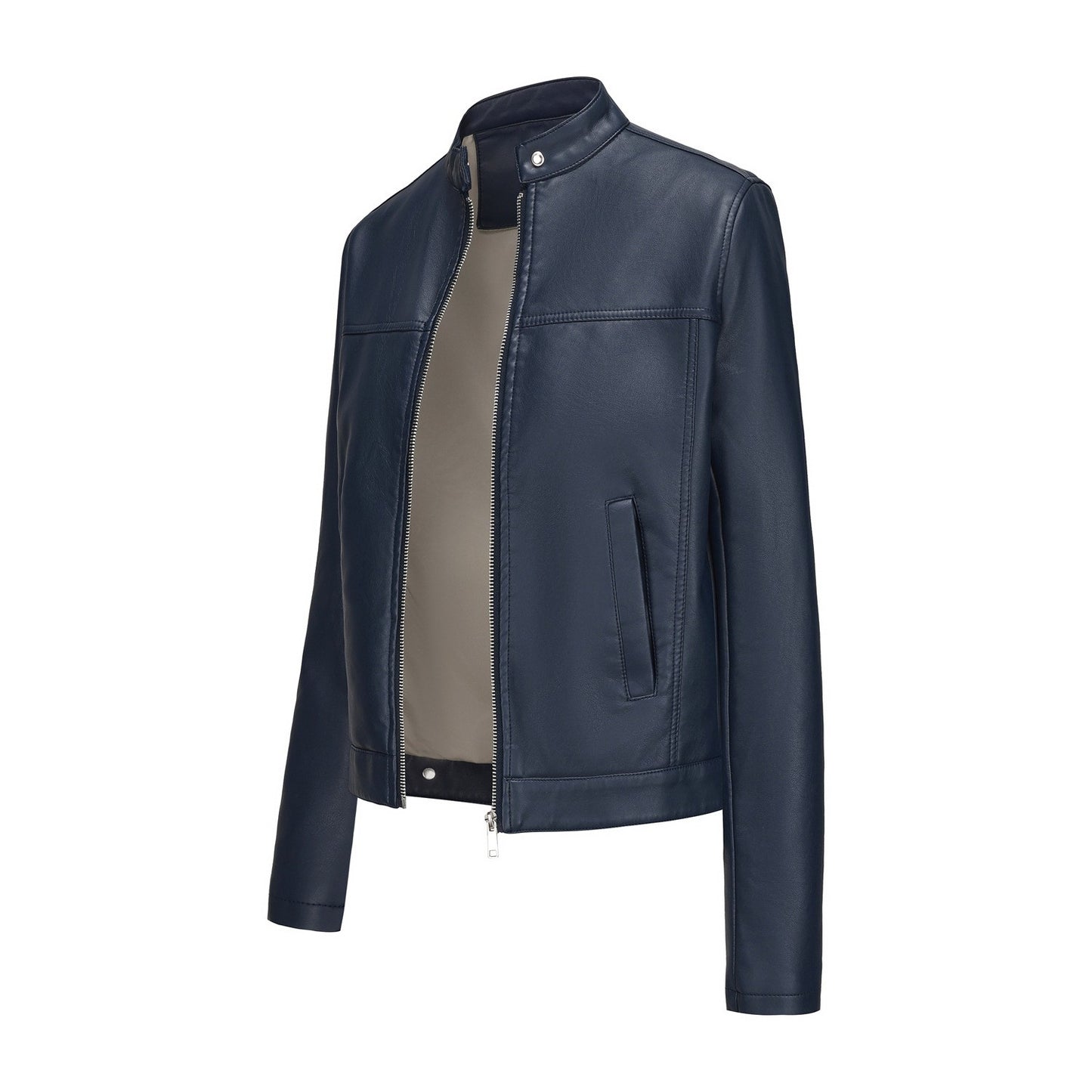 Black Women's Fitted Leather Jacket with Front Zipper & Side Pockets?, Available in Brown, Navy Blue, and Beige.