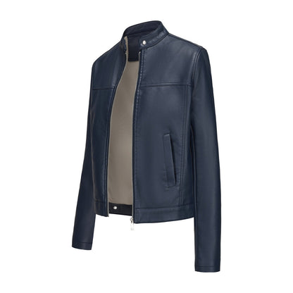 Black Women's Fitted Leather Jacket with Front Zipper & Side Pockets?, Available in Brown, Navy Blue, and Beige.