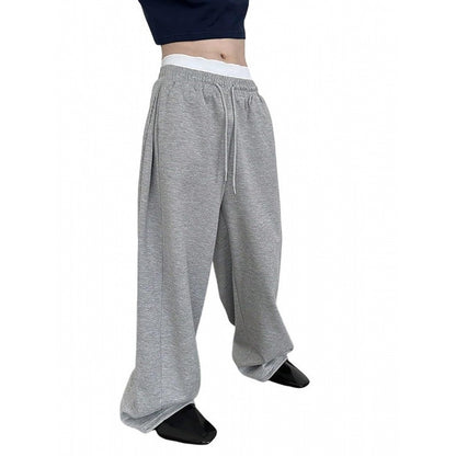 Men's Solid Color Sanitary Pants 2025 Drawstring Waist Straight Wide Leg Loose Fit with Pockets Versatile Sports Trousers