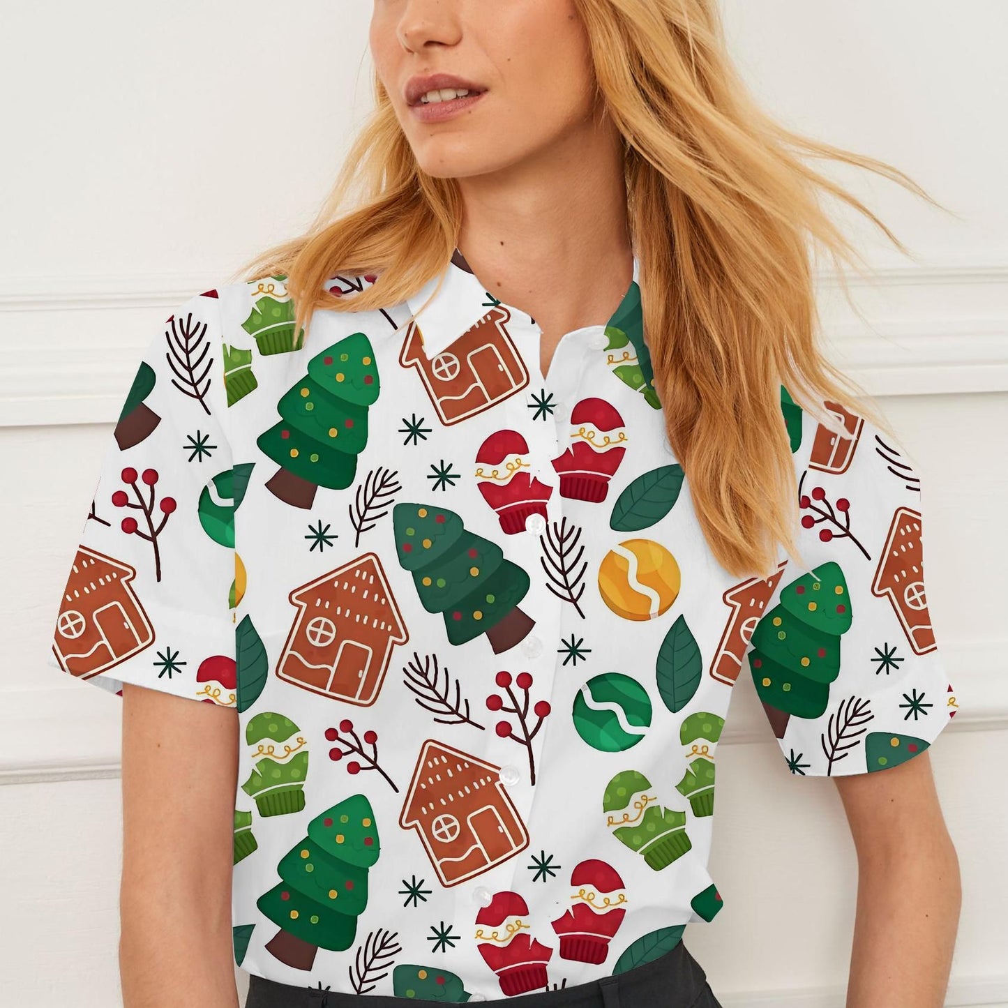 Shirt summer casual short-sleeved lapel Christmas element pattern women's tops personality fashion women's clothing