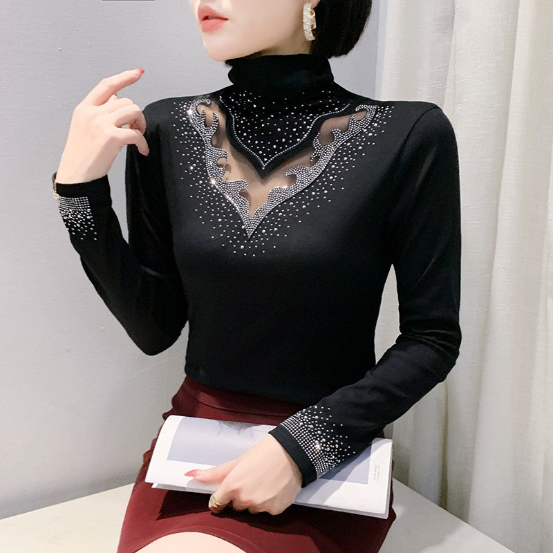 2025 European Station Long Sleeve Women Tees Autumn Winter New Stand collar Hot Diamond T Shirt Fashion Slim Mesh Tops