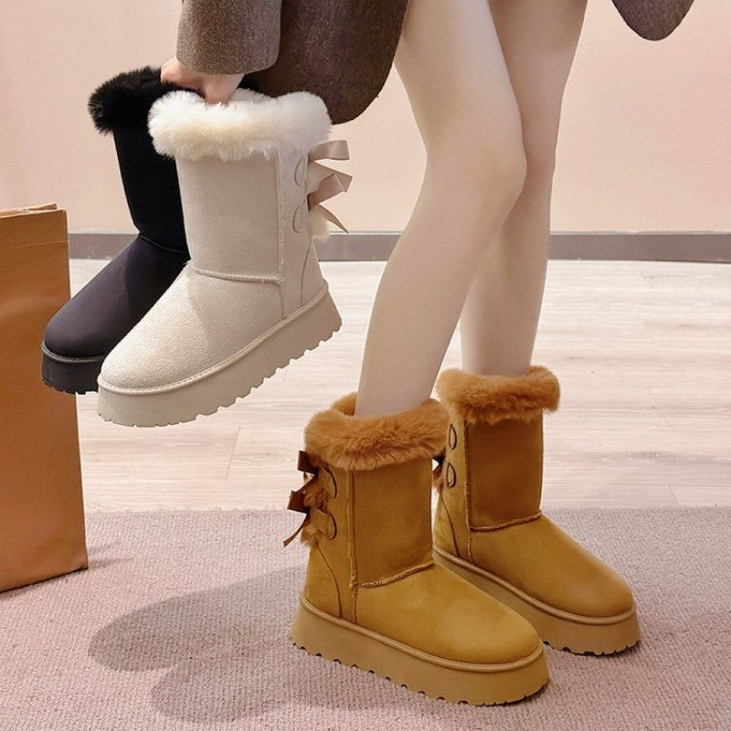2024 Winter New Thick-soled Mid-tube Snow Boots Bow Furry Mouth Plus Fluffy Thick Cotton Boots Casual Everything