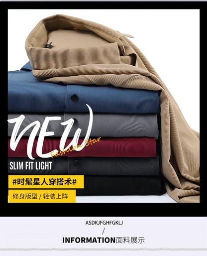 Stretch Elastic Stripe Men's Shirt Long Sleeve Classic Blouse Male Elegant Work Big Size Plus Large High Quality Ice Silk Social