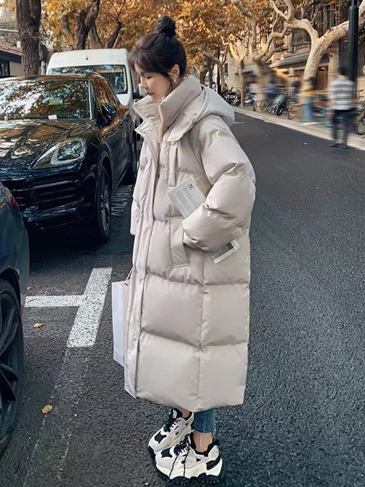 Long Thickened Down Cotton Bread Style Coat Women's Winter 2025 Outerwear Korean Loose Long Knee Length Solid Hooded Jacket