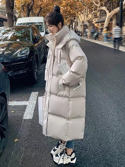 Long Thickened Down Cotton Bread Style Coat Women's Winter 2025 Outerwear Korean Loose Long Knee Length Solid Hooded Jacket