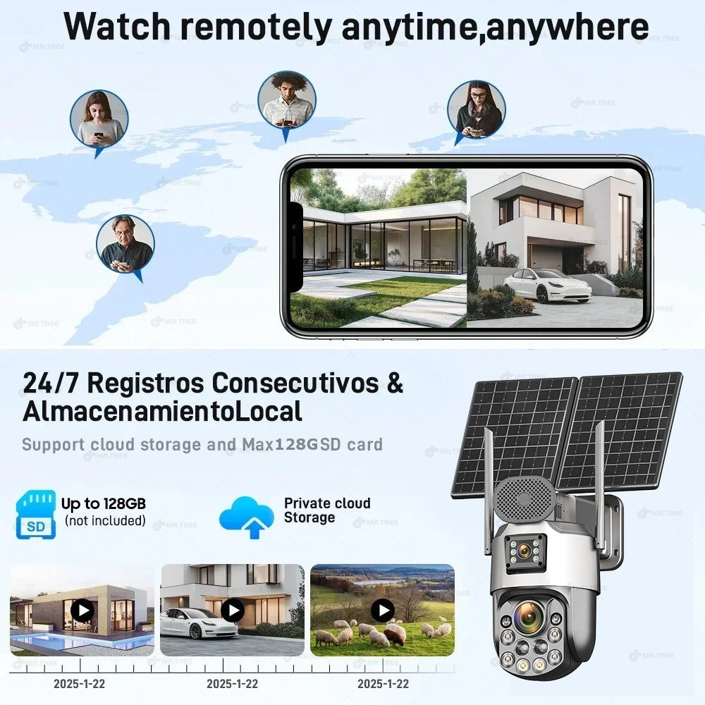 Câmeras de segurança solares externas 4K, 4G SIM, 2 lentes/tela, zoom óptico de 60x, rastreamento automático, PTZ 360°, câmera IP para vigilância residencial