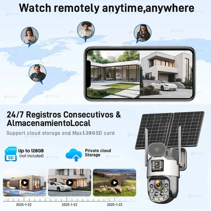 Câmeras de segurança solares externas 4K, 4G SIM, 2 lentes/tela, zoom óptico de 60x, rastreamento automático, PTZ 360°, câmera IP para vigilância residencial