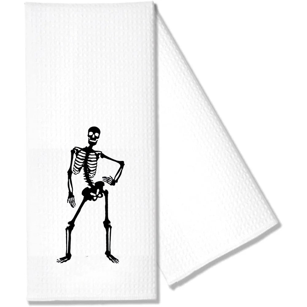 Skeleton Waffle Tea Towel Halloween Spooky Goth Season Kitchen Table Decoration Dancing Skeleton Towel Housewarming Hostess Gift