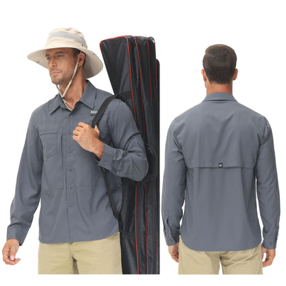 Summer Men's UPF 50+ Casual Long Sleeve Fishing Shirts, Lightweight Tactical Button Down Shirt with Breathable Back Mesh