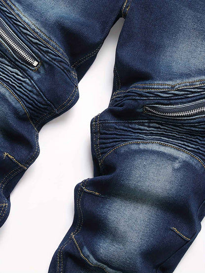 Men's ribbed jeans, elastic straight leg denim pants, washed bicycle distressed jeans