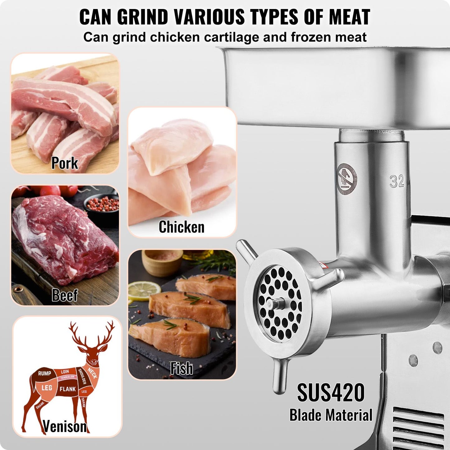 Moedor de Carne Elétrico VEVOR, Moedores de Carne e Lâmina, Chapa de Moagem em Aço Inoxidável Comercial para Cozinha, Restaurante, Açougue