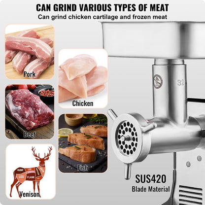 Moedor de Carne Elétrico VEVOR, Moedores de Carne e Lâmina, Chapa de Moagem em Aço Inoxidável Comercial para Cozinha, Restaurante, Açougue