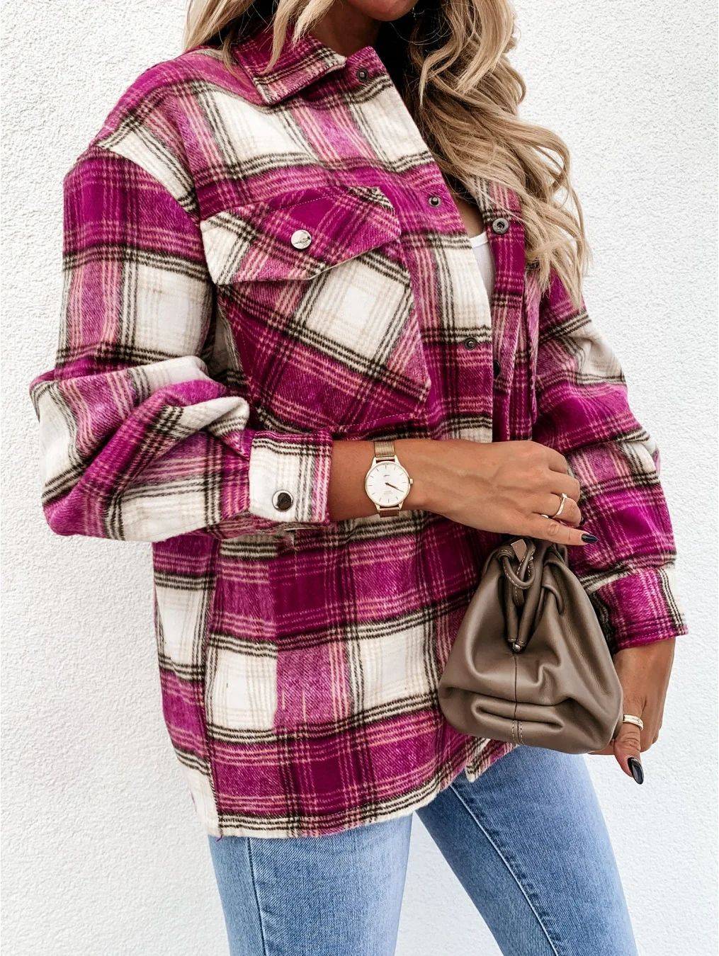 Warm Plaid Long Sleeve Shirt Jacket Autumn Winter Women's Polo Collar Patchwork Decorative Button Detailing Chinese Origin
