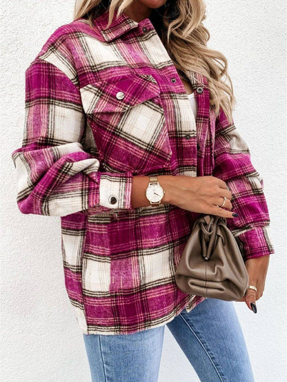 Warm Plaid Long Sleeve Shirt Jacket Autumn Winter Women's Polo Collar Patchwork Decorative Button Detailing Chinese Origin