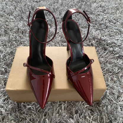 Sexy Pointed Toe High Heel Women Shoes Elegant Ankle Strap Patent Leather Stilettos Luxury Prom Weddings Bridal Pumps for Ladies