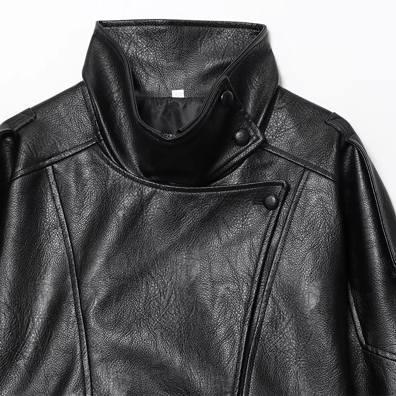 HXAO Faux Leather Jacket Coat Demi-Season Black Bomber Jacket Outerwears Long Sleeve Snap Button Cropped Motorcycle Jacket