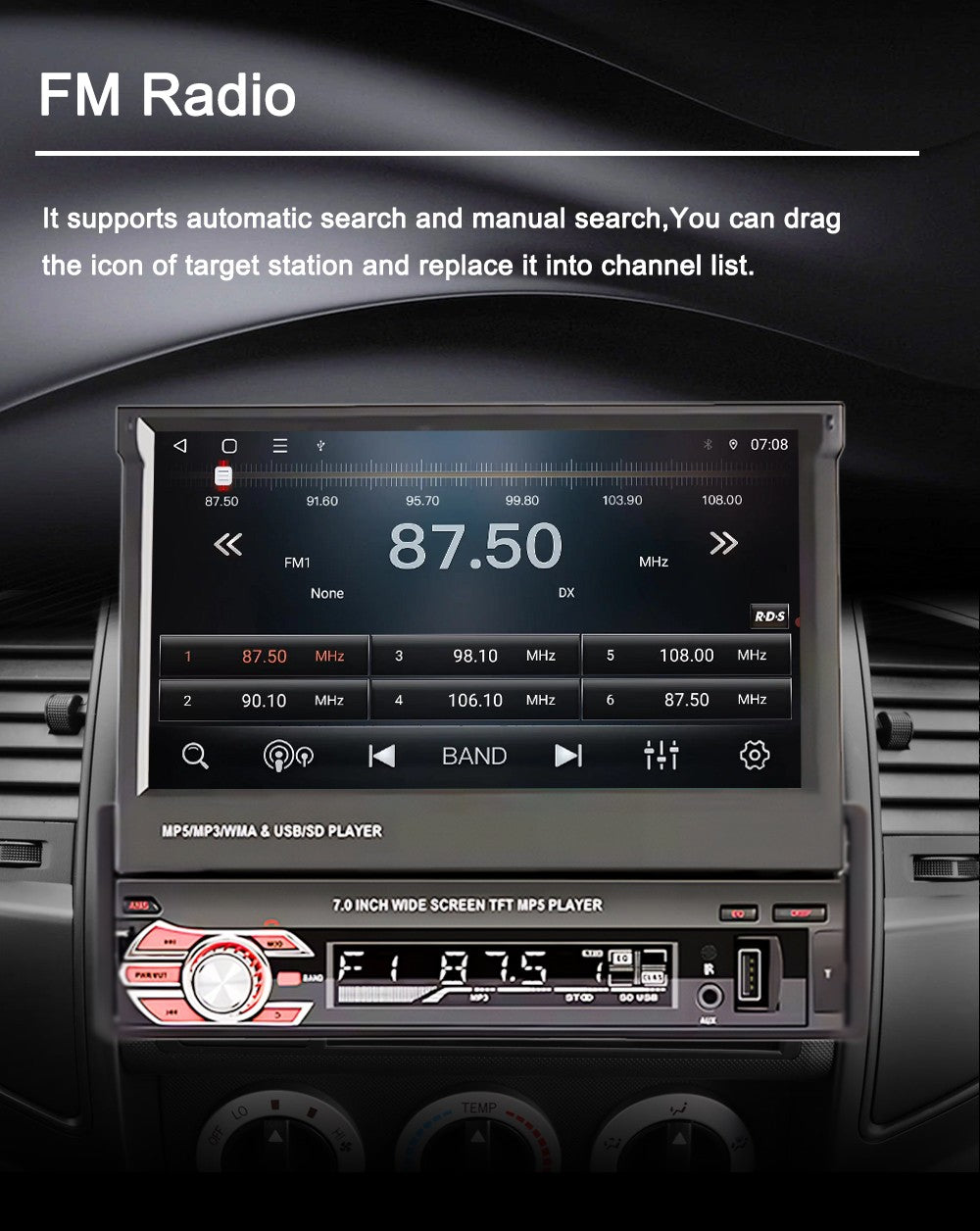 LEHX 1 Din 7inch IPS Retractable Screen Car Radio  Multimedia Player Universal Audio Video Wired CarPlay Android Auto