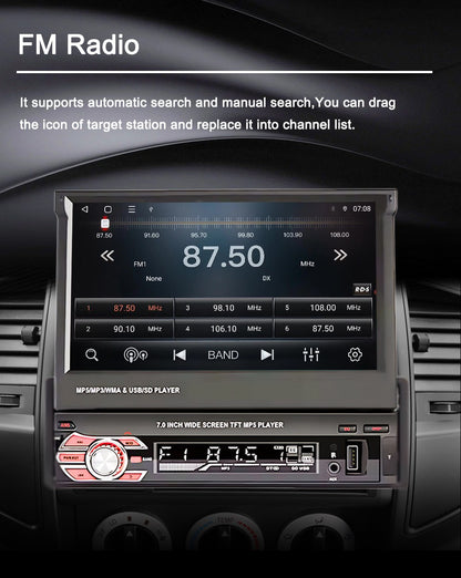 LEHX 1 Din 7inch IPS Retractable Screen Car Radio  Multimedia Player Universal Audio Video Wired CarPlay Android Auto