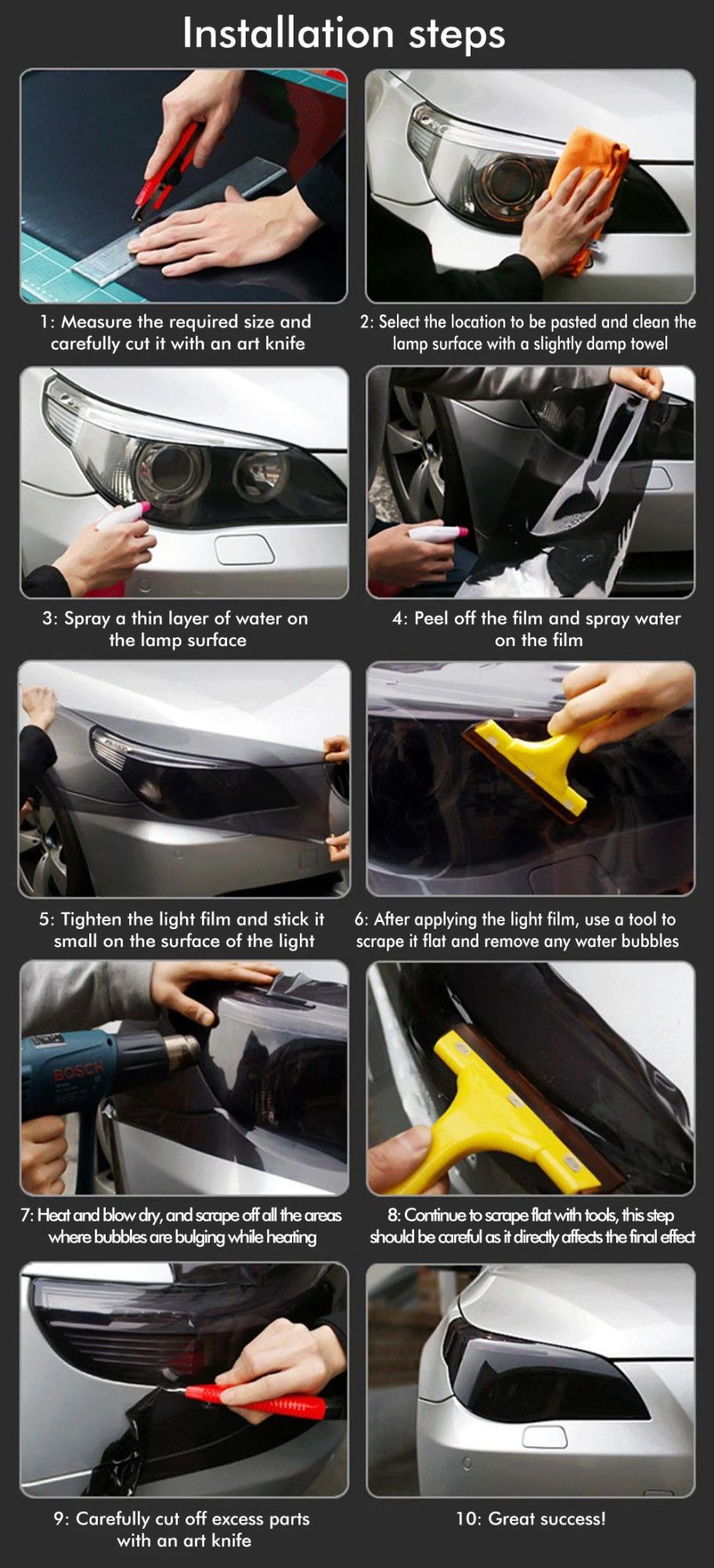 Película de vinil fumê preta brilhante transparente à prova d'água para faróis, lanternas, película de proteção para carros