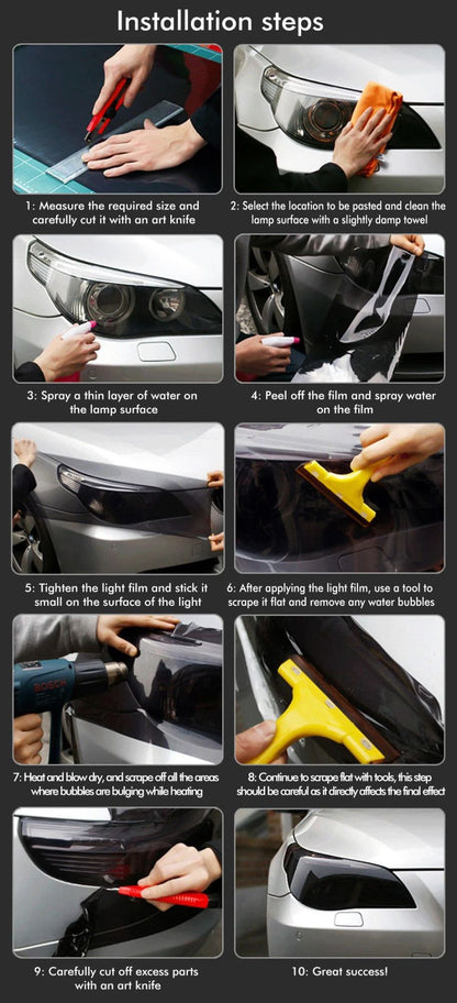 Película de vinil fumê preta brilhante transparente à prova d'água para faróis, lanternas, película de proteção para carros