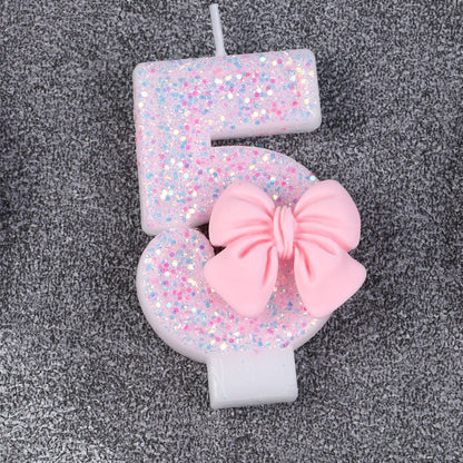 Pink Bow Number Candle Glitter Candle Cake Topper 0-9 for Birthday Anniversary Party Cake Decoration Gifts