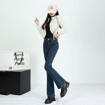 Winter Female Thin Snow Warm Plush Jeans Lady Chic Fleece Flared Pants Girls Korean High Waist Straight Leg Denim Trousers