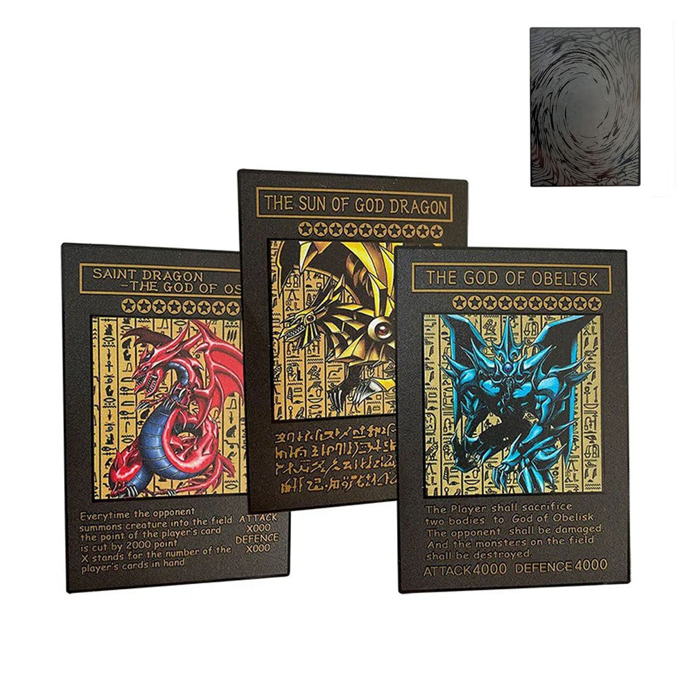 3 unidades de cartão YuGiOh DIY de metal preto, deus egípcio Slifer, o Dragão do Céu, Obelisco, o Atormentador, o Dragão Alado de Ra, o Cartão de Deus