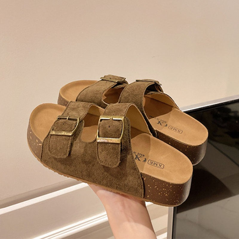 Bebealy Women's Sandals Soft-soled Platform Sandals Double Buckle Roman-style Belt-buckle Slippers Popular Slip-on Flat Slippers