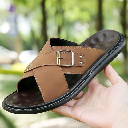 Men Summer Stylish Slippers Open-toe Soft-Soled Shoes Simple Solid Color Half Drag Slip-On Shoes Outdoor Man Comfortable Sandals