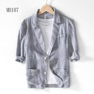 Summer thin pure linen five quarter sleeve casual suit men's top jacket Japanese style artistic casual suit MH107