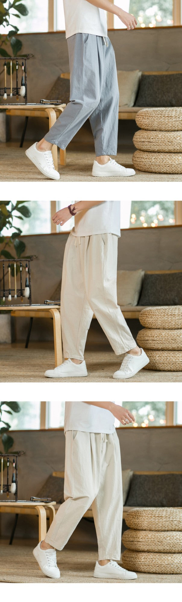 Men's Trousers Cotton Linen Fashion Casual Pants Solid Color Breathable Loose Shorts Straight Drawstring Pants Streetwear Men