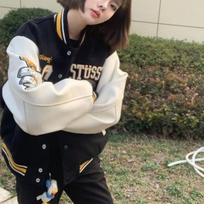 Jaqueta Casual Feminina com Padrão de Letras Fashion, Bordado de Veludo, Estilo Y2K College Hip Hop Popular, Esportivo, Uniforme de Beisebol para Casal