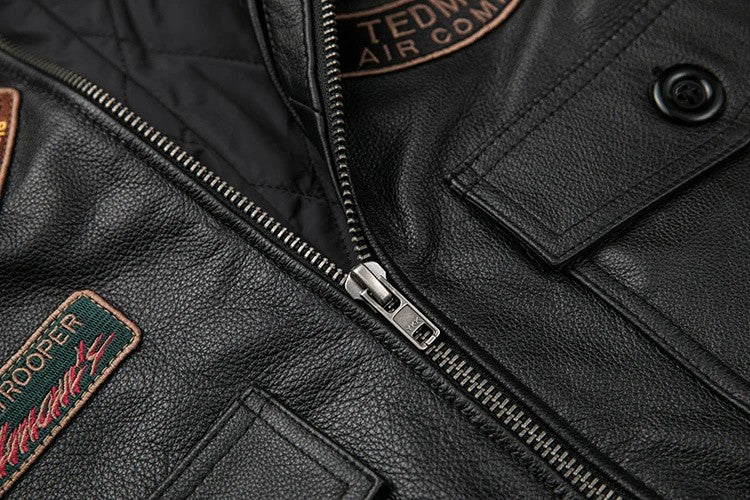 Detachable Natural Fur Collar Genuine Cowhide Men Leather Jacket Patches Flight Air Force Pilot Coat Winter Bomber